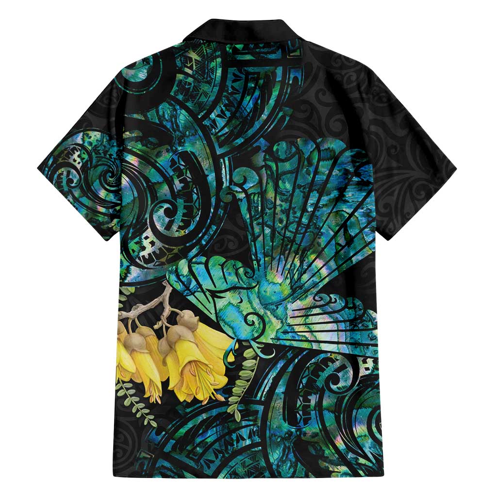 New Zealand Fantail Bird Family Matching Off Shoulder Short Dress and Hawaiian Shirt Maori Piwakawaka Kowhai - Paua Shell Pattern