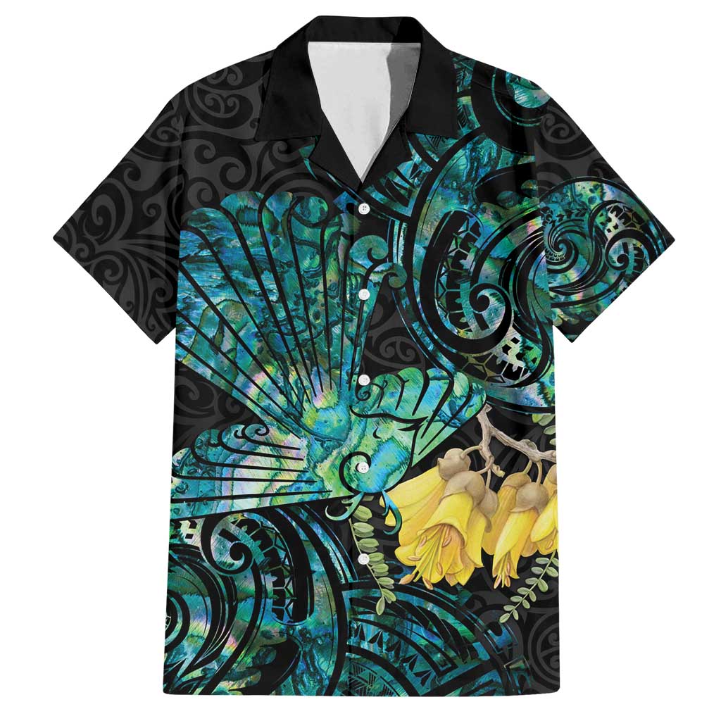 New Zealand Fantail Bird Family Matching Puletasi and Hawaiian Shirt Maori Piwakawaka Kowhai - Paua Shell Pattern LT14 Dad's Shirt - Short Sleeve Green - Polynesian Pride