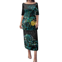 New Zealand Fantail Bird Family Matching Puletasi and Hawaiian Shirt Maori Piwakawaka Kowhai - Paua Shell Pattern LT14 Mom's Dress Green - Polynesian Pride