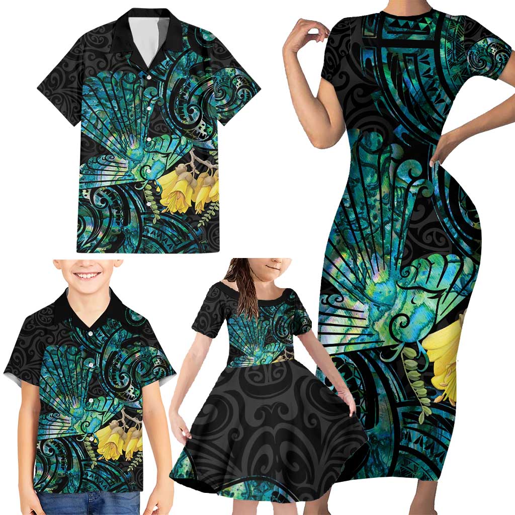 New Zealand Fantail Bird Family Matching Short Sleeve Bodycon Dress and Hawaiian Shirt Maori Piwakawaka Kowhai - Paua Shell Pattern LT14 - Polynesian Pride