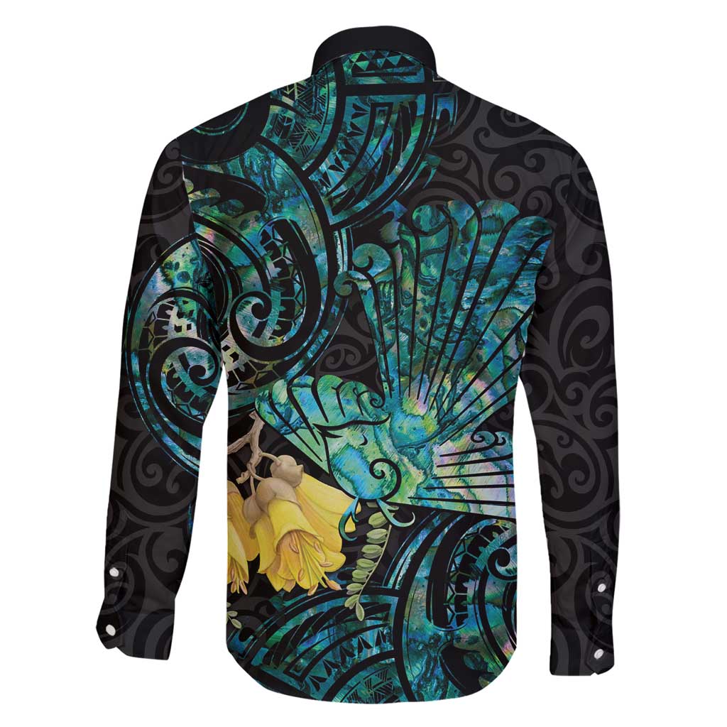 New Zealand Fantail Bird Family Matching Short Sleeve Bodycon Dress and Hawaiian Shirt Maori Piwakawaka Kowhai - Paua Shell Pattern LT14 - Polynesian Pride
