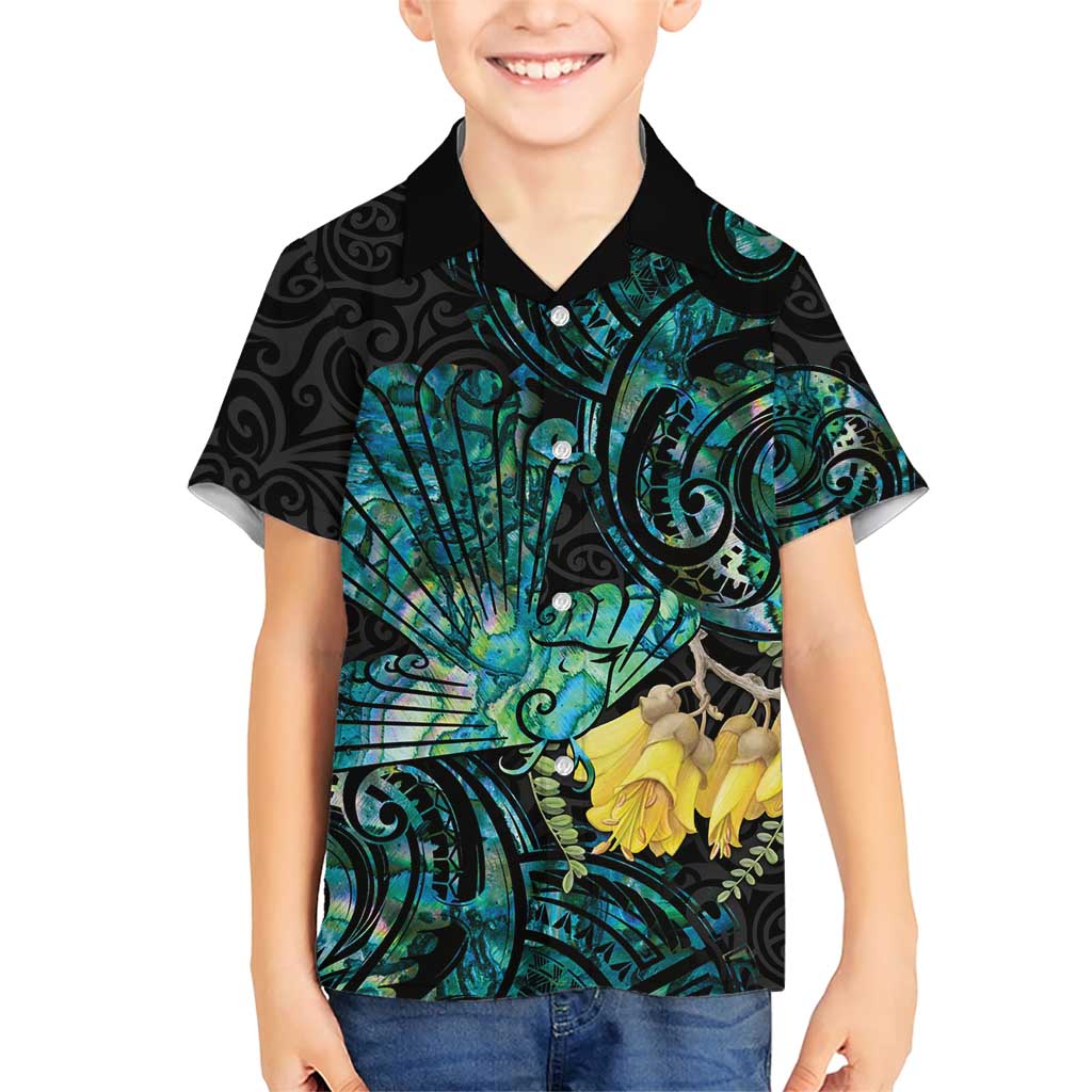 New Zealand Fantail Bird Family Matching Short Sleeve Bodycon Dress and Hawaiian Shirt Maori Piwakawaka Kowhai - Paua Shell Pattern LT14 Son's Shirt Green - Polynesian Pride