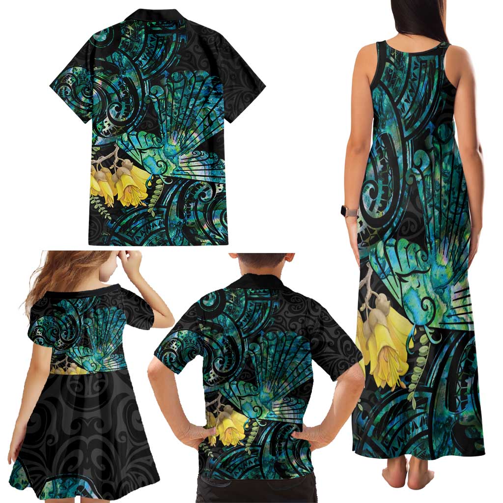 New Zealand Fantail Bird Family Matching Tank Maxi Dress and Hawaiian Shirt Maori Piwakawaka Kowhai - Paua Shell Pattern