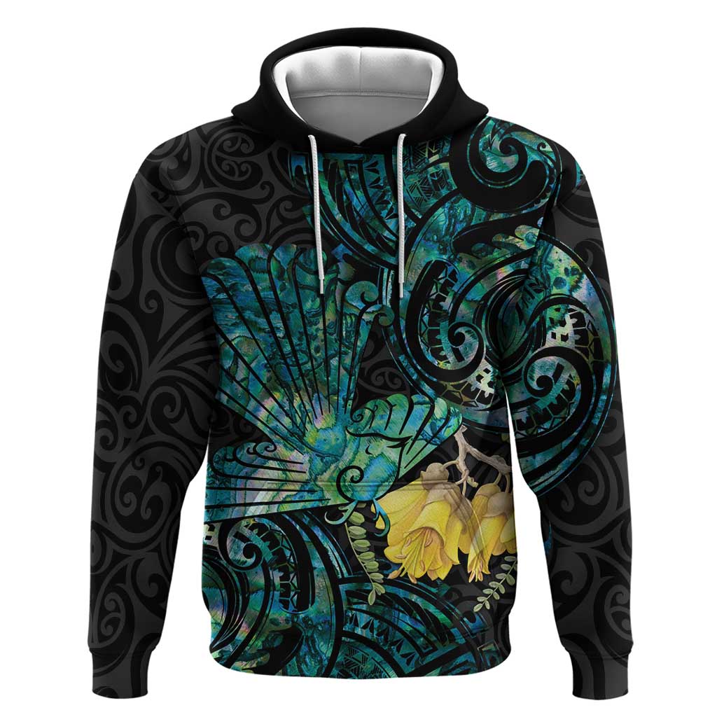 New Zealand Fantail Bird Hoodie Maori Piwakawaka Kowhai - Paua Shell Pattern