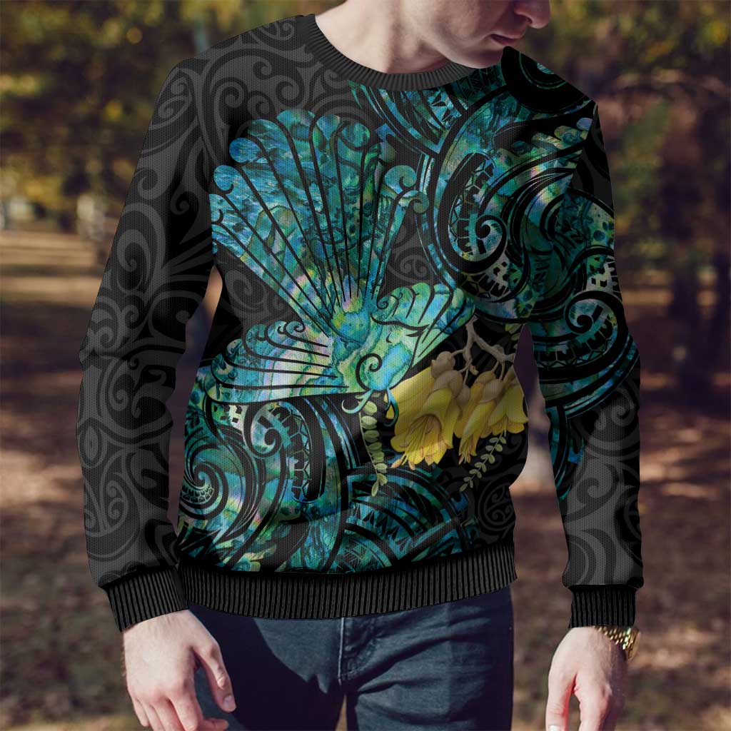 New Zealand Fantail Bird Ugly Christmas Sweater Maori Piwakawaka Kowhai - Paua Shell Pattern