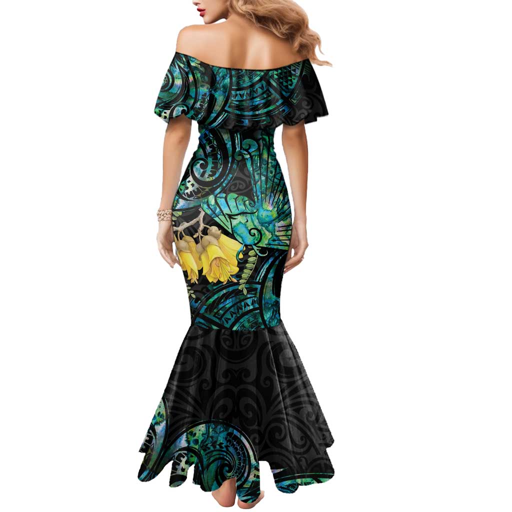 New Zealand Fantail Bird Mermaid Dress Maori Piwakawaka Kowhai - Paua Shell Pattern LT14 - Polynesian Pride