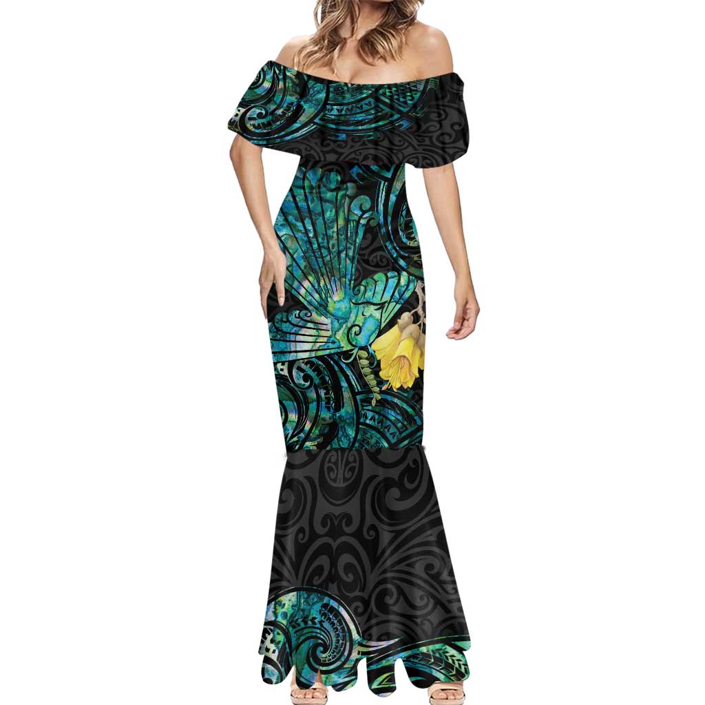 New Zealand Fantail Bird Mermaid Dress Maori Piwakawaka Kowhai - Paua Shell Pattern LT14 - Polynesian Pride