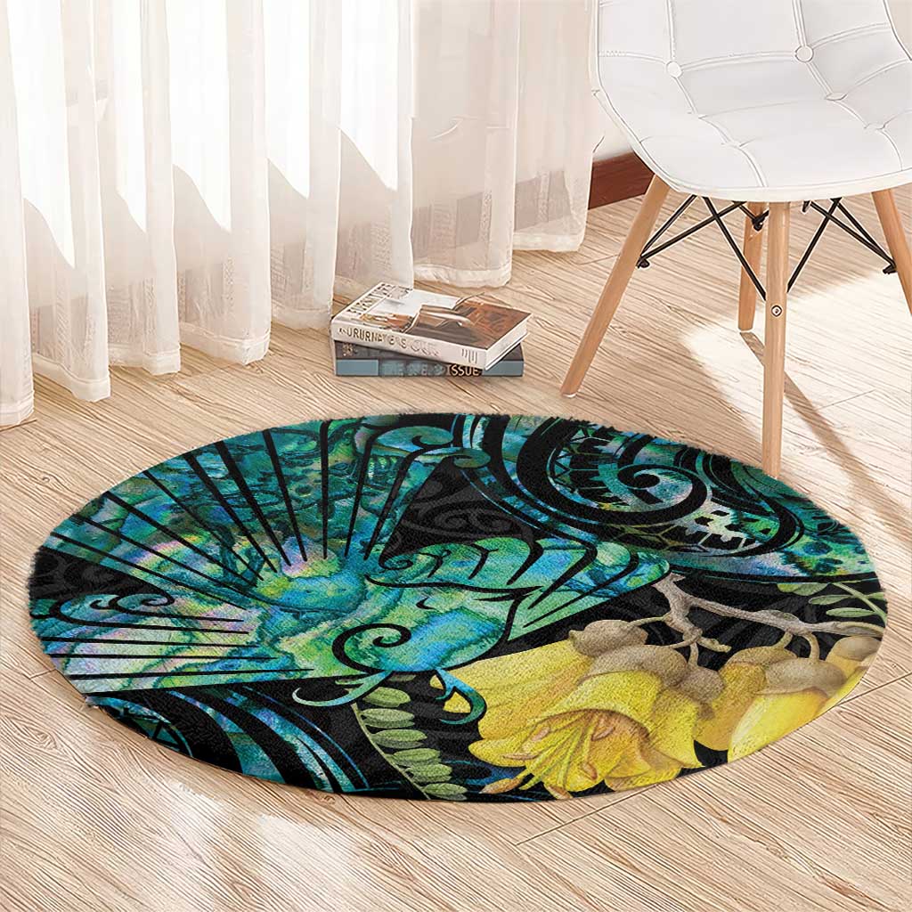 New Zealand Fantail Bird Round Carpet Maori Piwakawaka Kowhai - Paua Shell Pattern