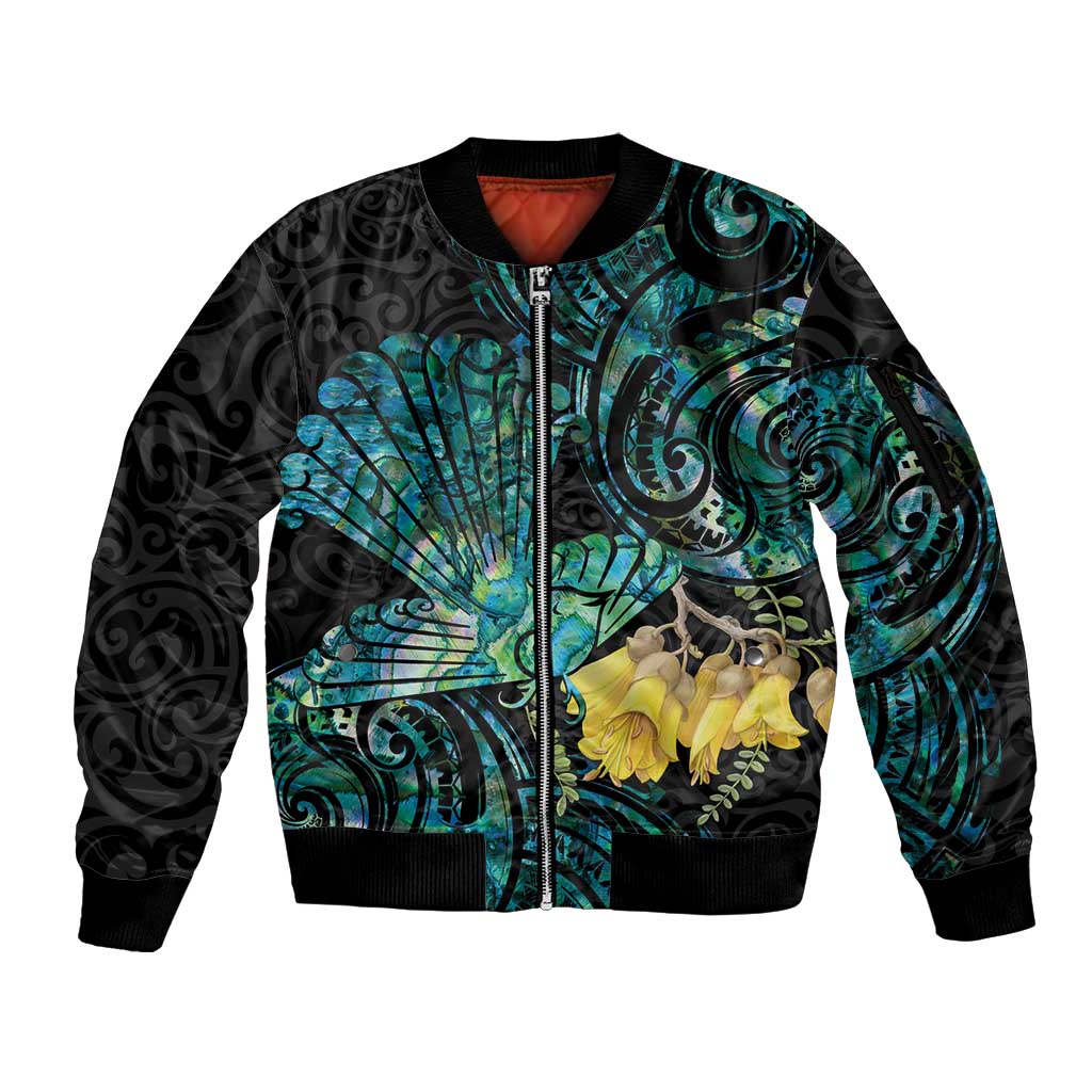 New Zealand Fantail Bird Sleeve Zip Bomber Jacket Maori Piwakawaka Kowhai - Paua Shell Pattern