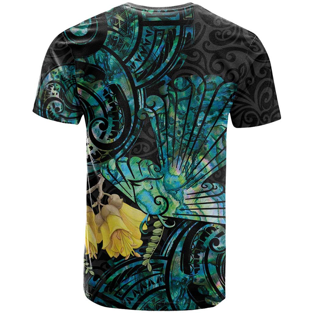 New Zealand Fantail Bird T Shirt Maori Piwakawaka Kowhai - Paua Shell Pattern