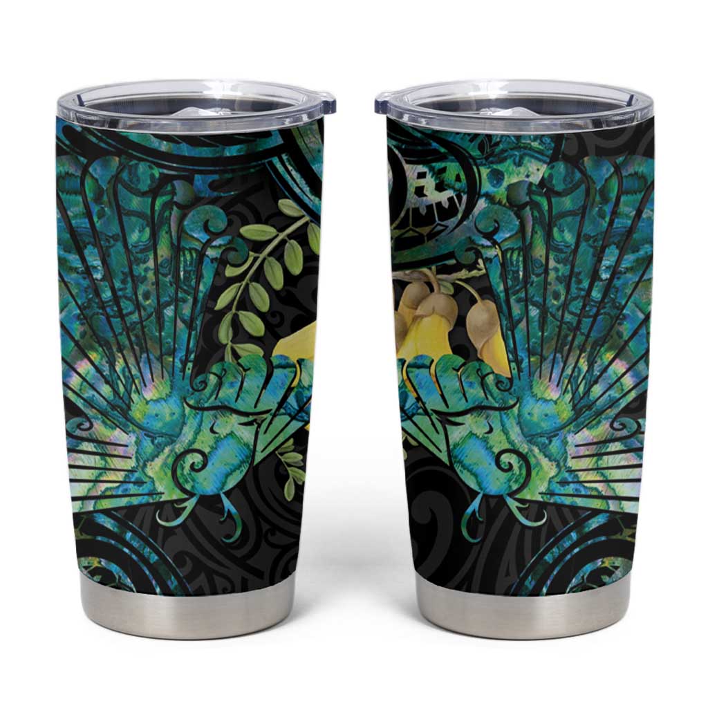 New Zealand Fantail Bird Tumbler Cup Maori Piwakawaka Kowhai - Paua Shell Pattern