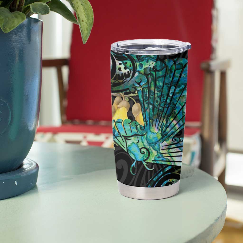 New Zealand Fantail Bird Tumbler Cup Maori Piwakawaka Kowhai - Paua Shell Pattern