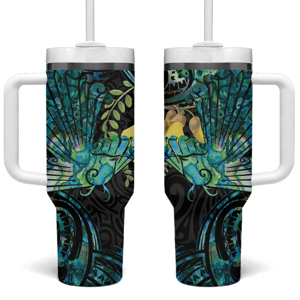 New Zealand Fantail Bird Tumbler With Handle Maori Piwakawaka Kowhai - Paua Shell Pattern