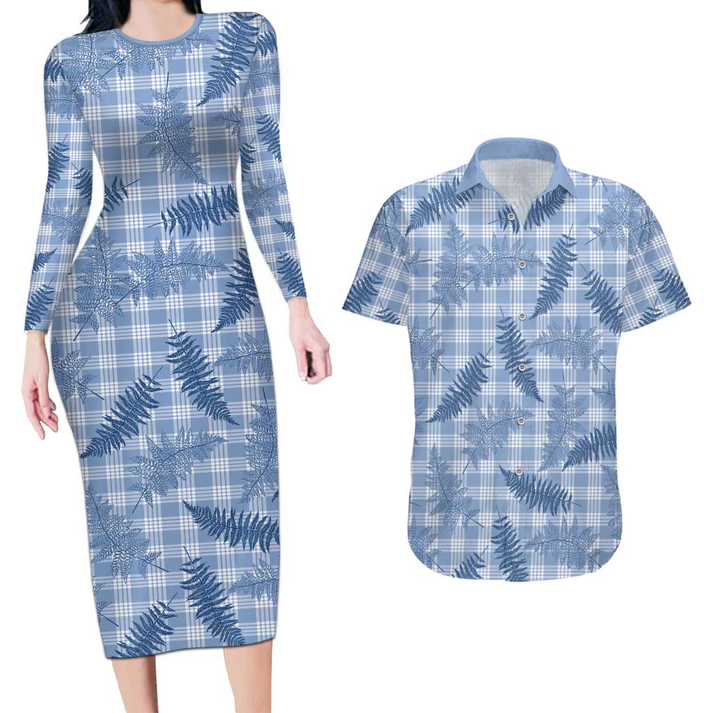 Blue Palaka Hawaii Palapalai Couples Matching Long Sleeve Bodycon Dress and Hawaiian Shirt Hawaiian Fern LT14 Blue - Polynesian Pride