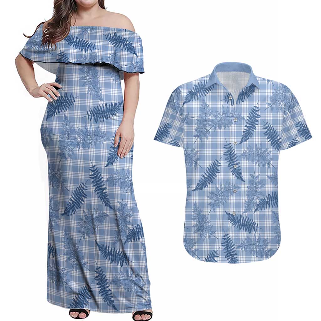 Blue Palaka Hawaii Palapalai Couples Matching Off Shoulder Maxi Dress and Hawaiian Shirt Hawaiian Fern - Polynesian Pride