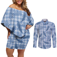 Blue Palaka Hawaii Palapalai Couples Matching Off Shoulder Short Dress and Long Sleeve Button Shirt Hawaiian Fern LT14 Blue - Polynesian Pride