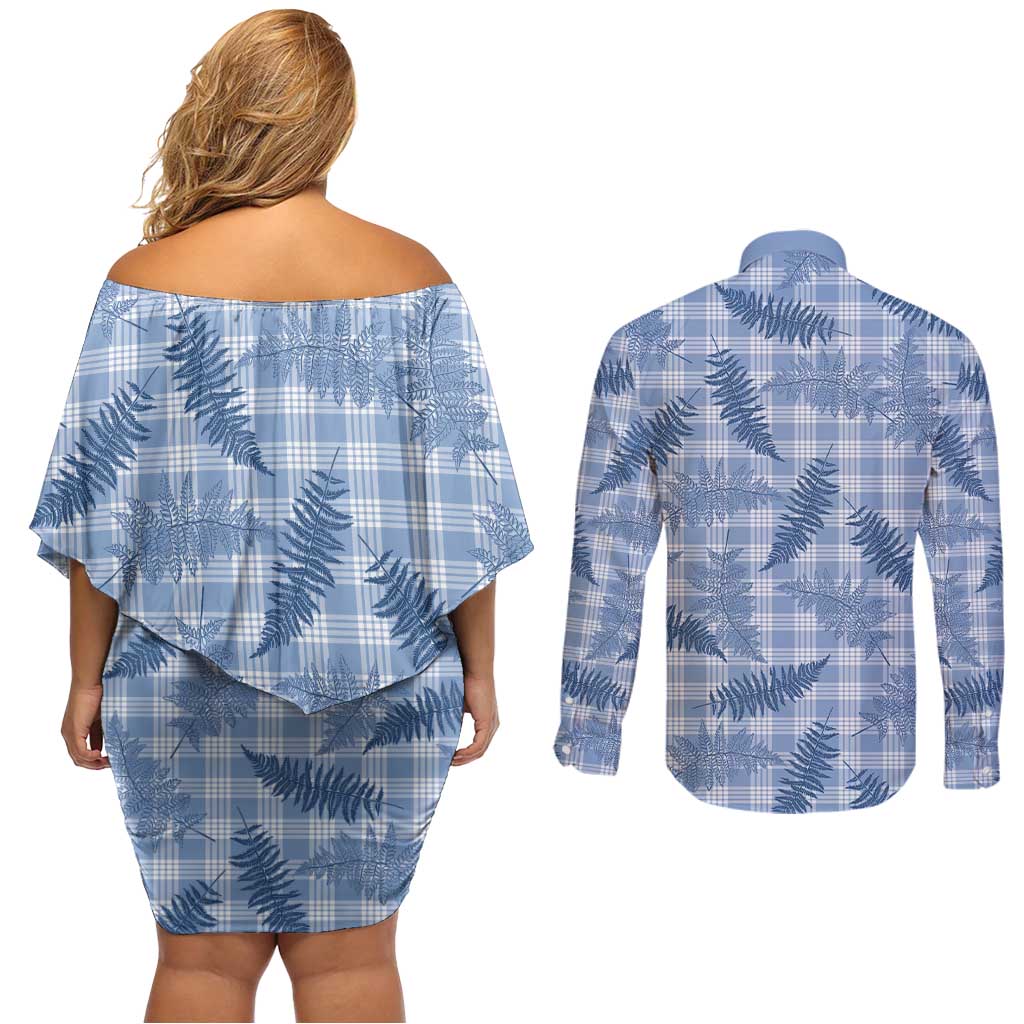 Blue Palaka Hawaii Palapalai Couples Matching Off Shoulder Short Dress and Long Sleeve Button Shirt Hawaiian Fern LT14 - Polynesian Pride
