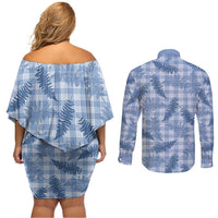 Blue Palaka Hawaii Palapalai Couples Matching Off Shoulder Short Dress and Long Sleeve Button Shirt Hawaiian Fern LT14 - Polynesian Pride