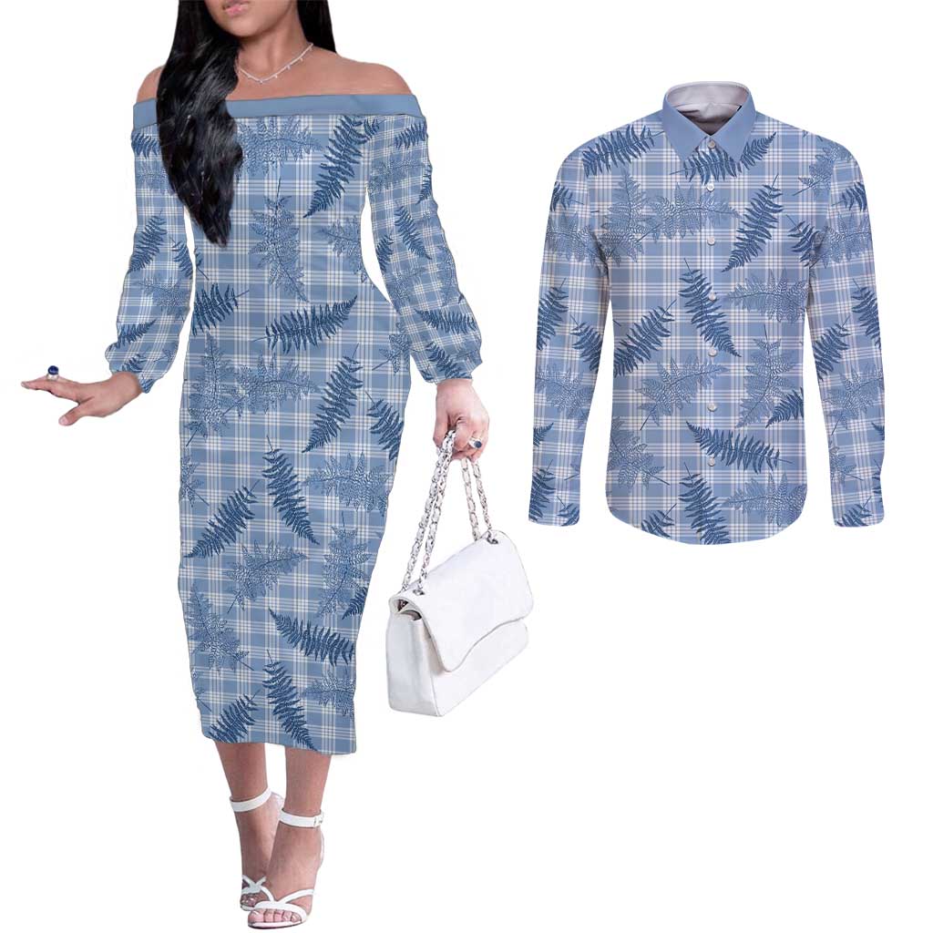 Blue Palaka Hawaii Palapalai Couples Matching Off The Shoulder Long Sleeve Dress and Long Sleeve Button Shirt Hawaiian Fern LT14 Blue - Polynesian Pride