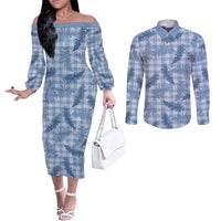 Blue Palaka Hawaii Palapalai Couples Matching Off The Shoulder Long Sleeve Dress and Long Sleeve Button Shirt Hawaiian Fern LT14 Blue - Polynesian Pride