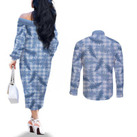 Blue Palaka Hawaii Palapalai Couples Matching Off The Shoulder Long Sleeve Dress and Long Sleeve Button Shirt Hawaiian Fern LT14 - Polynesian Pride