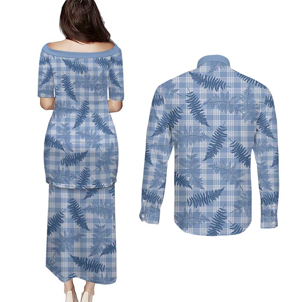 Blue Palaka Hawaii Palapalai Couples Matching Puletasi and Long Sleeve Button Shirt Hawaiian Fern - Polynesian Pride