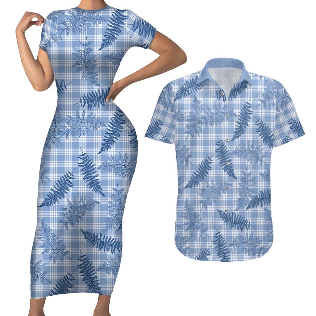 Blue Palaka Hawaii Palapalai Couples Matching Short Sleeve Bodycon Dress and Hawaiian Shirt Hawaiian Fern LT14 Blue - Polynesian Pride