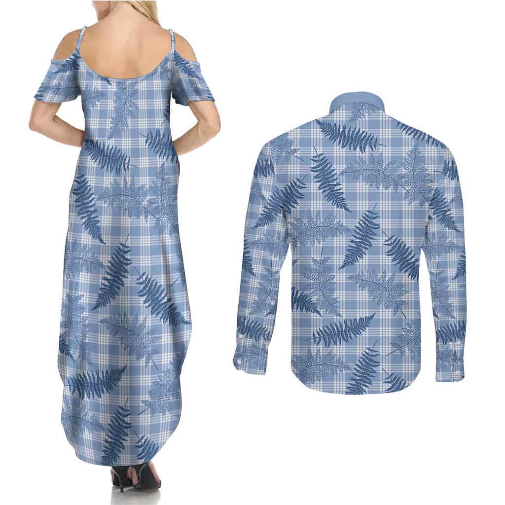 Blue Palaka Hawaii Palapalai Couples Matching Summer Maxi Dress and Long Sleeve Button Shirt Hawaiian Fern - Polynesian Pride