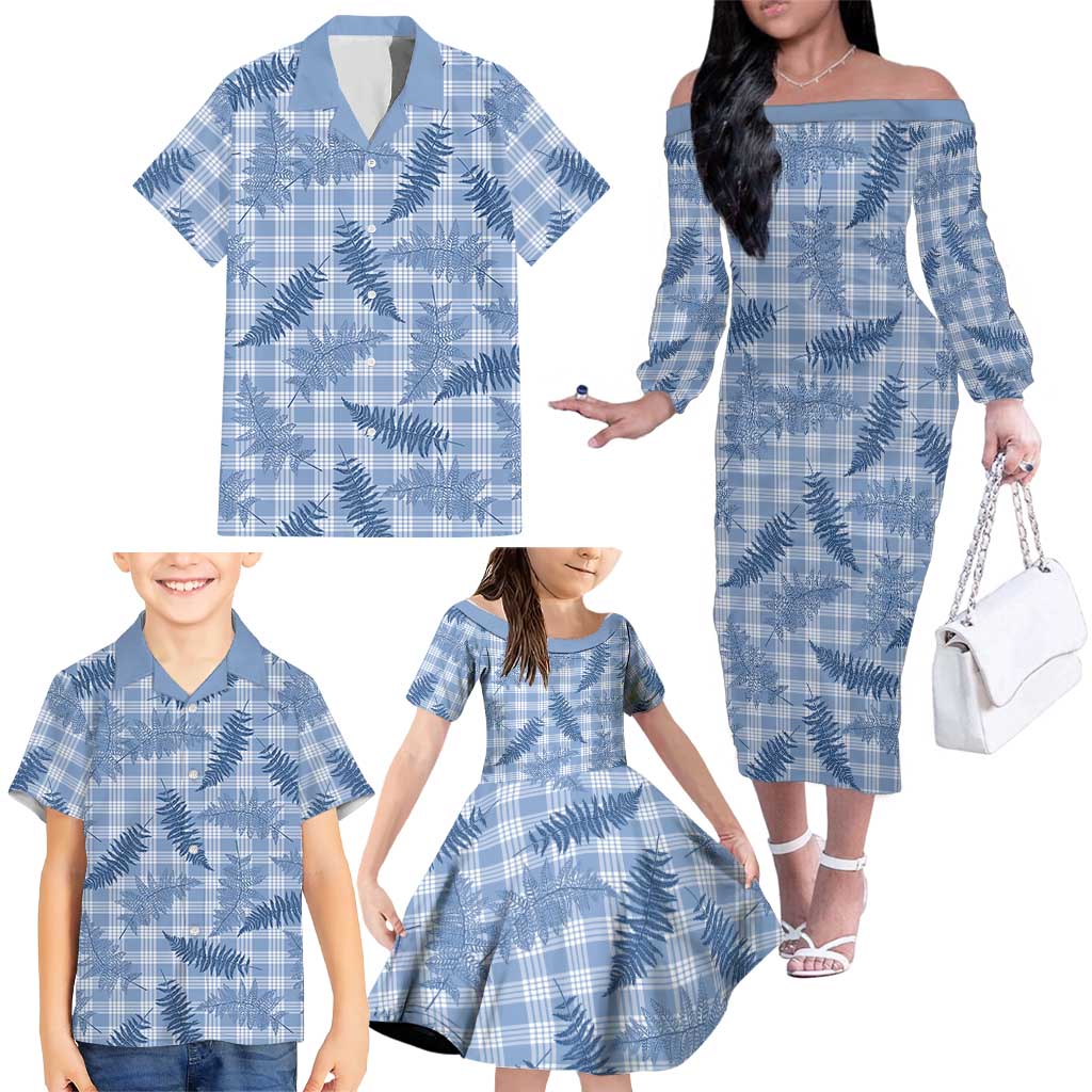 Blue Palaka Hawaii Palapalai Family Matching Off The Shoulder Long Sleeve Dress and Hawaiian Shirt Hawaiian Fern LT14 - Polynesian Pride