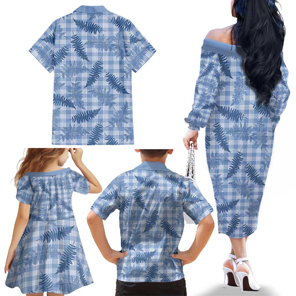 Blue Palaka Hawaii Palapalai Family Matching Off The Shoulder Long Sleeve Dress and Hawaiian Shirt Hawaiian Fern LT14 - Polynesian Pride