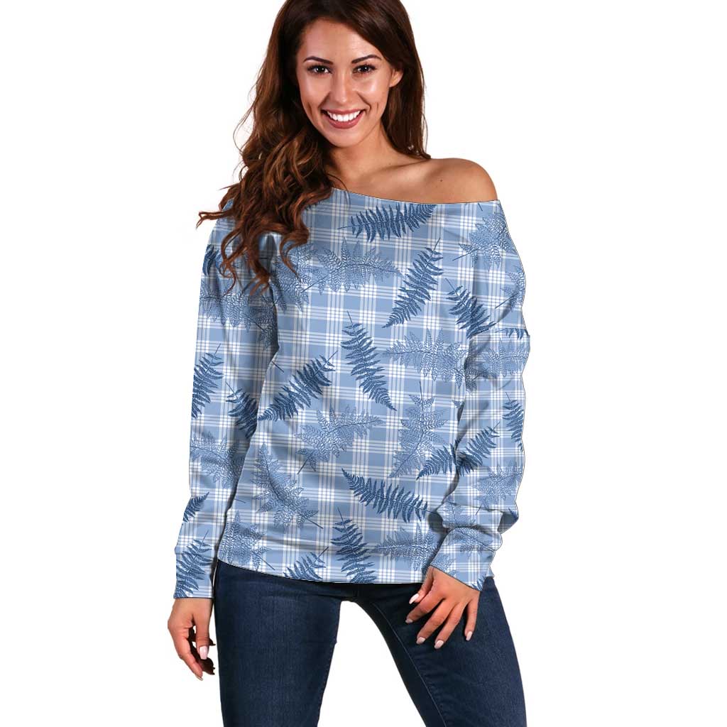 Blue Palaka Hawaii Palapalai Off Shoulder Sweater Hawaiian Fern - Polynesian Pride