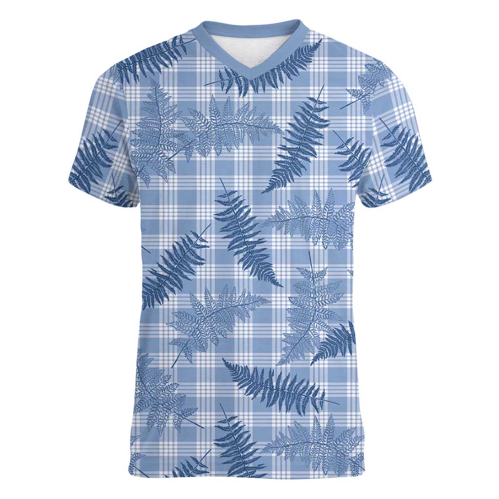 Blue Palaka Hawaii Palapalai Women V-Neck T-Shirt Hawaiian Fern - Polynesian Pride