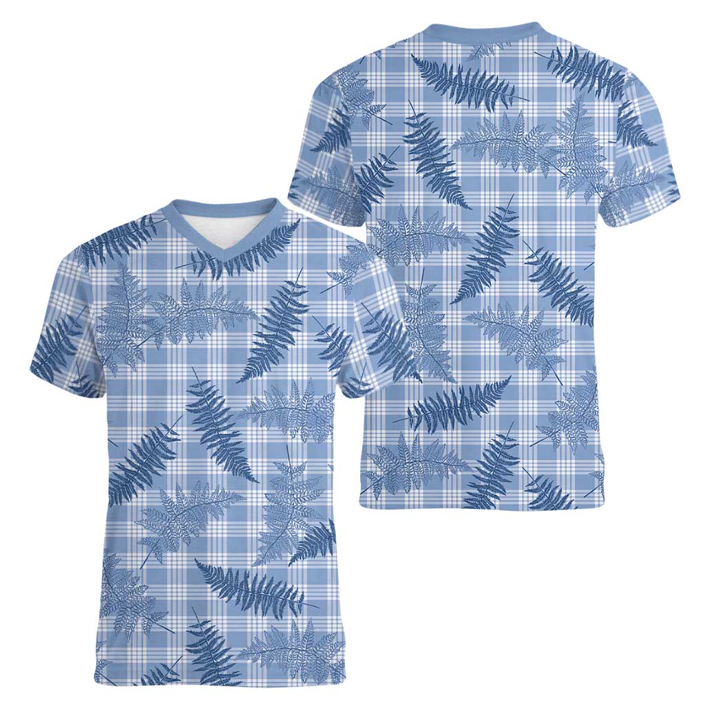 Blue Palaka Hawaii Palapalai Women V-Neck T-Shirt Hawaiian Fern - Polynesian Pride