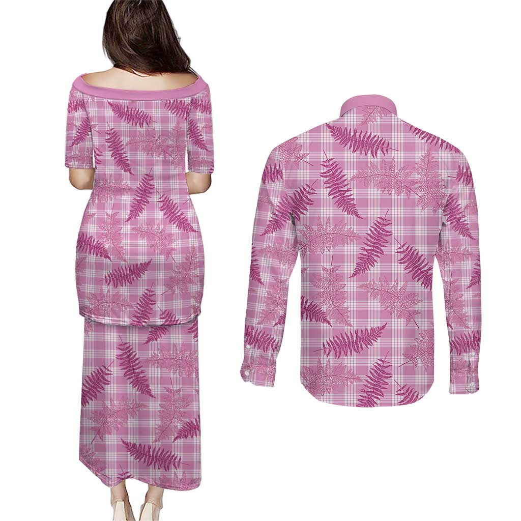 Purple Palaka Hawaii Palapalai Couples Matching Puletasi and Long Sleeve Button Shirt Hawaiian Fern - Polynesian Pride