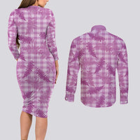 Pink Palaka Hawaii Palapalai Couples Matching Long Sleeve Bodycon Dress and Long Sleeve Button Shirt Hawaiian Fern LT14 - Polynesian Pride