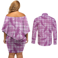 Pink Palaka Hawaii Palapalai Couples Matching Off Shoulder Short Dress and Long Sleeve Button Shirt Hawaiian Fern - Polynesian Pride