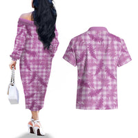 Pink Palaka Hawaii Palapalai Couples Matching Off The Shoulder Long Sleeve Dress and Hawaiian Shirt Hawaiian Fern LT14 - Polynesian Pride