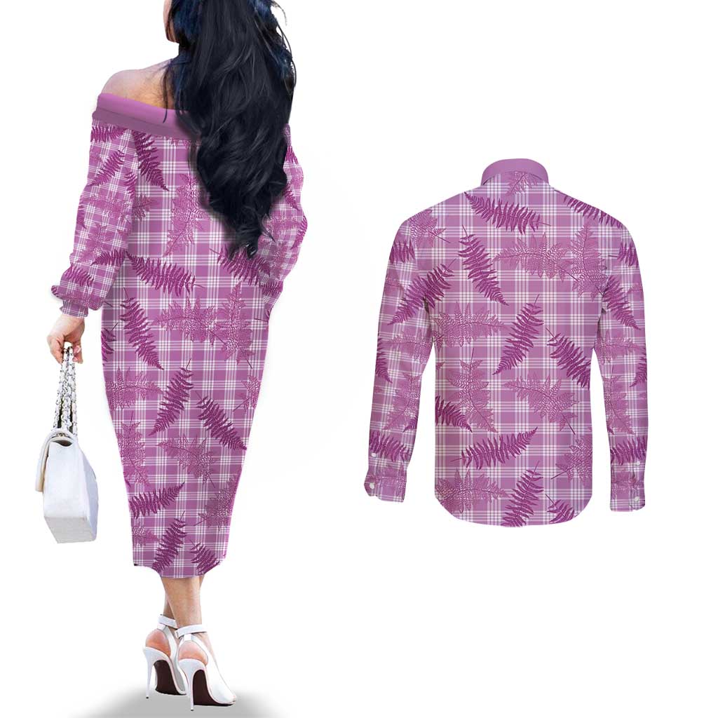 Pink Palaka Hawaii Palapalai Couples Matching Off The Shoulder Long Sleeve Dress and Long Sleeve Button Shirt Hawaiian Fern LT14 - Polynesian Pride