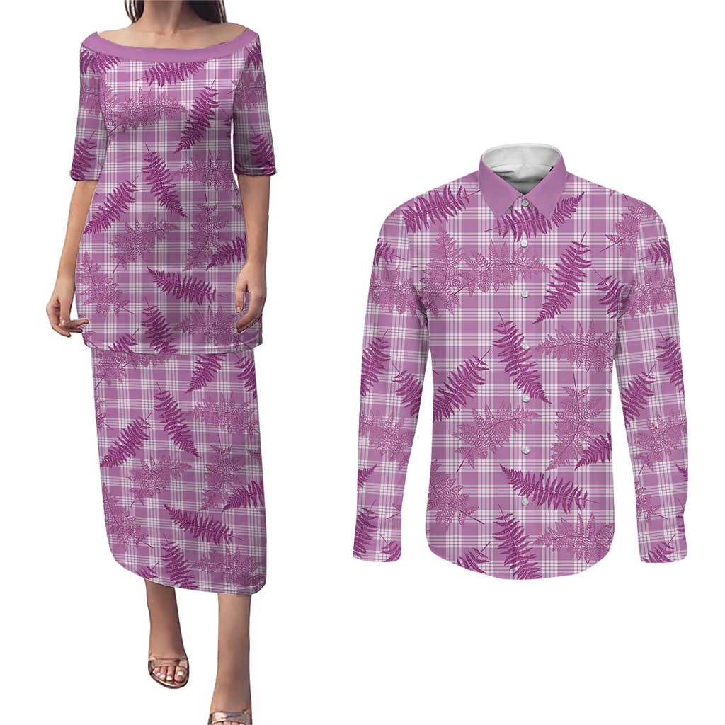 Pink Palaka Hawaii Palapalai Couples Matching Puletasi and Long Sleeve Button Shirt Hawaiian Fern - Polynesian Pride