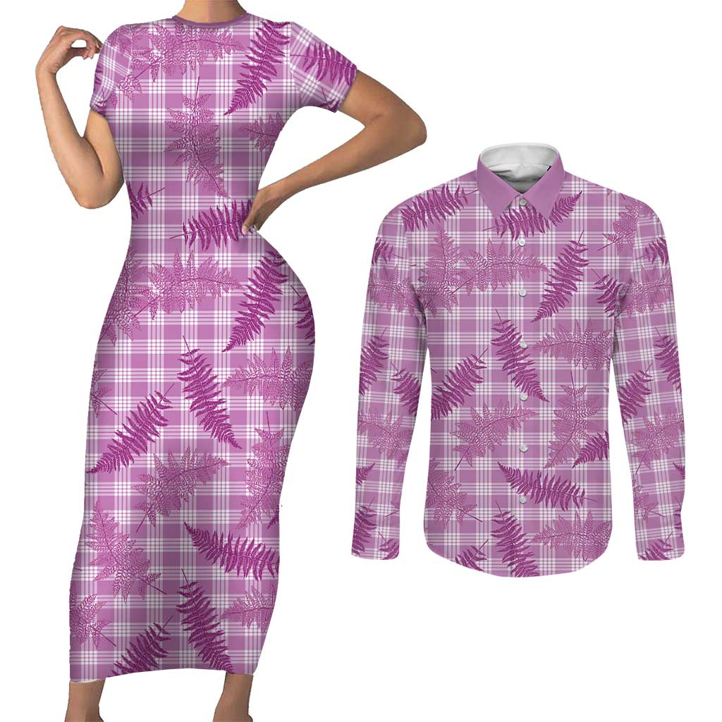 Pink Palaka Hawaii Palapalai Couples Matching Short Sleeve Bodycon Dress and Long Sleeve Button Shirt Hawaiian Fern LT14 Pink - Polynesian Pride