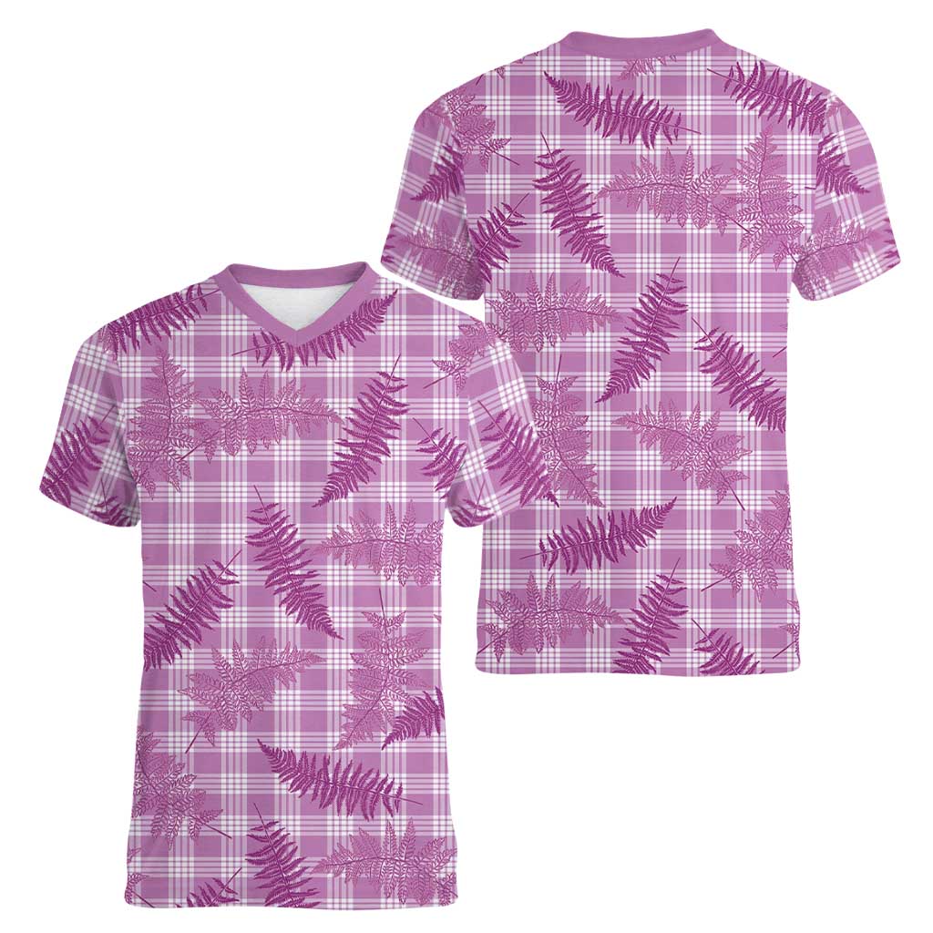 Pink Palaka Hawaii Palapalai Women V-Neck T-Shirt Hawaiian Fern - Polynesian Pride