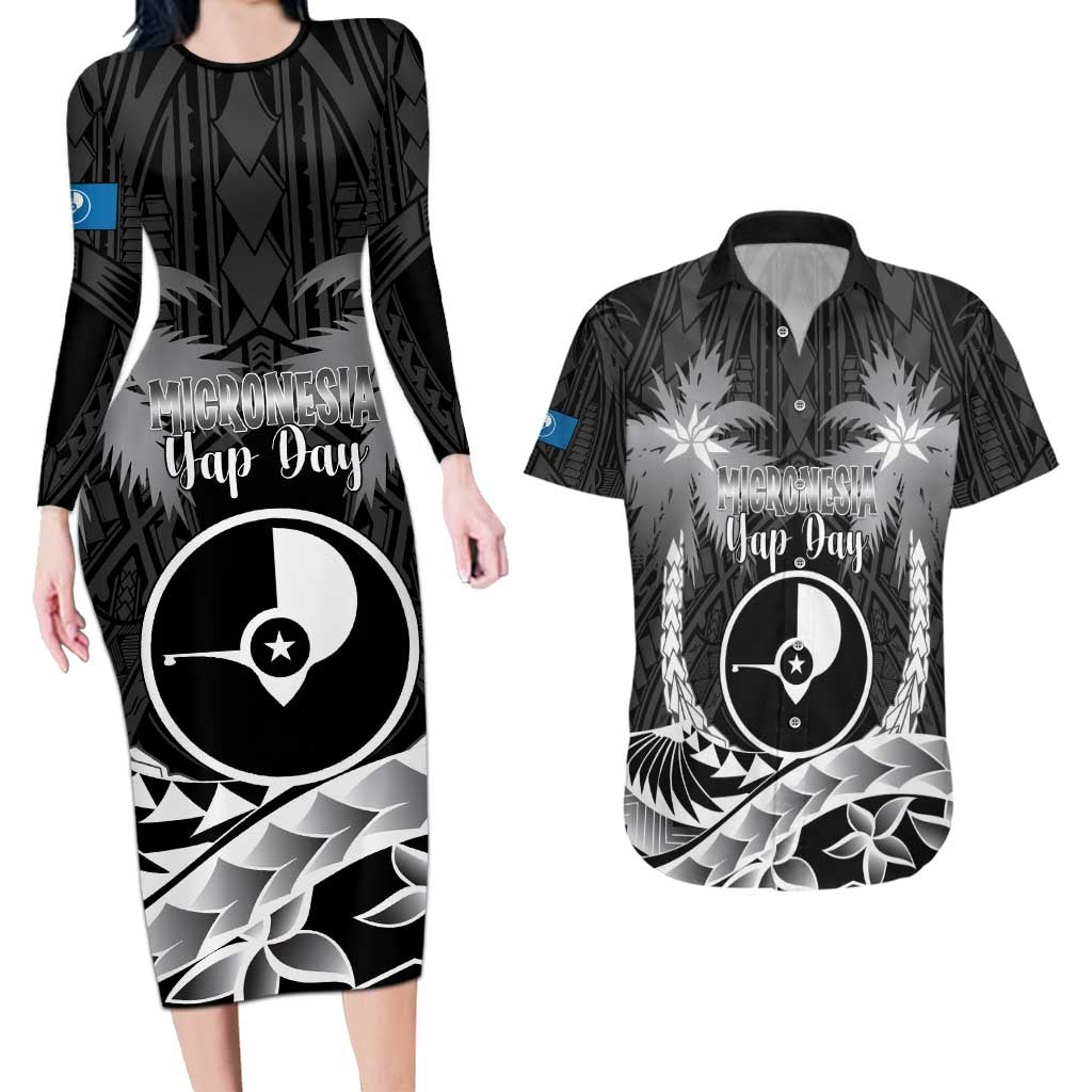 FSM Yap Day Couples Matching Long Sleeve Bodycon Dress and Hawaiian Shirt 2025 Wa'ab Micronesia Black Color