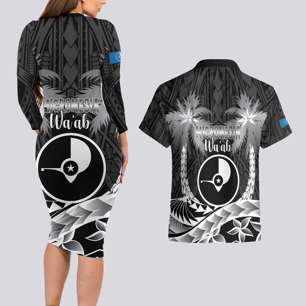 FSM Yap Day Couples Matching Long Sleeve Bodycon Dress and Hawaiian Shirt 2025 Wa'ab Micronesia Black Color