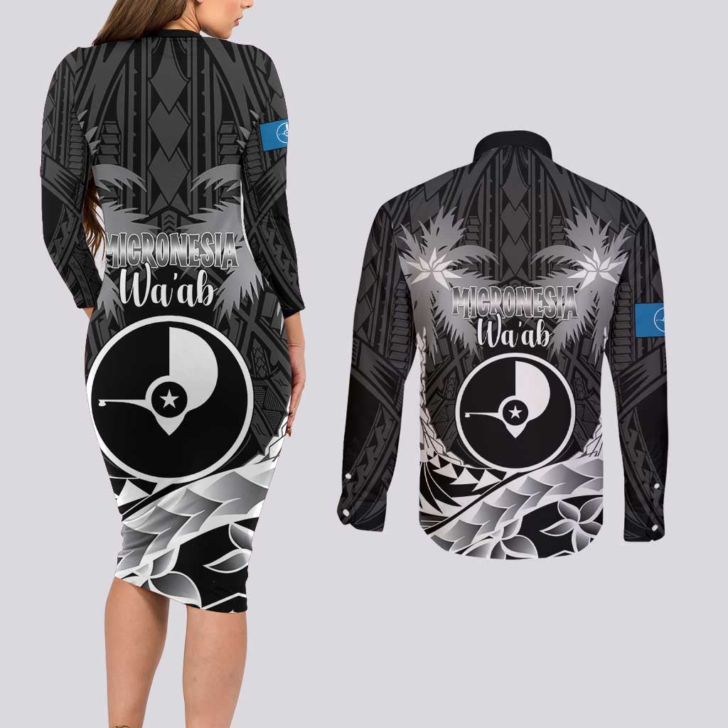 FSM Yap Day Couples Matching Long Sleeve Bodycon Dress and Long Sleeve Button Shirt 2025 Wa'ab Micronesia Black Color