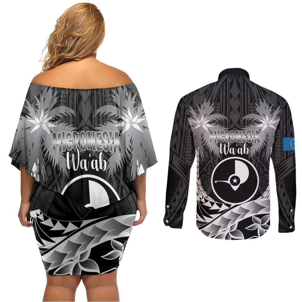 FSM Yap Day Couples Matching Off Shoulder Short Dress and Long Sleeve Button Shirt 2025 Wa'ab Micronesia Black Color