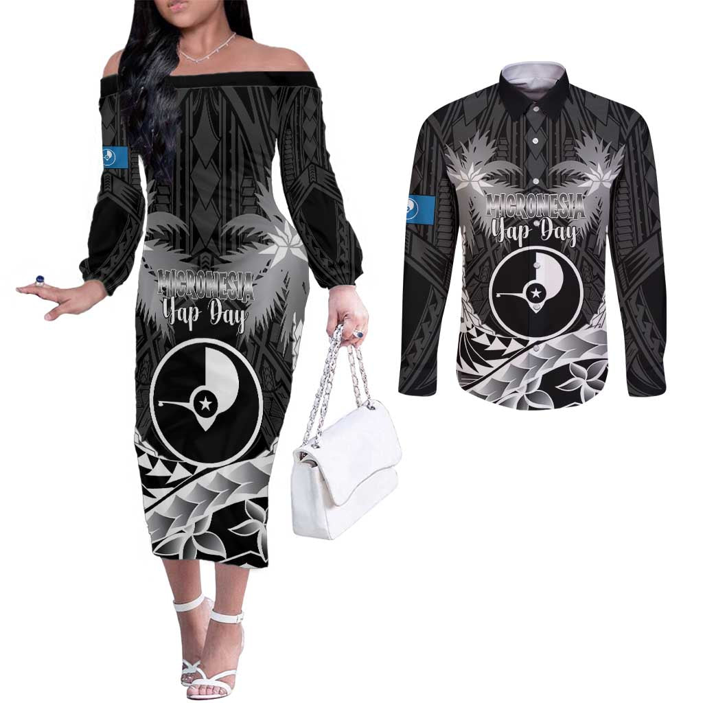 FSM Yap Day Couples Matching Off The Shoulder Long Sleeve Dress and Long Sleeve Button Shirt 2025 Wa'ab Micronesia Black Color