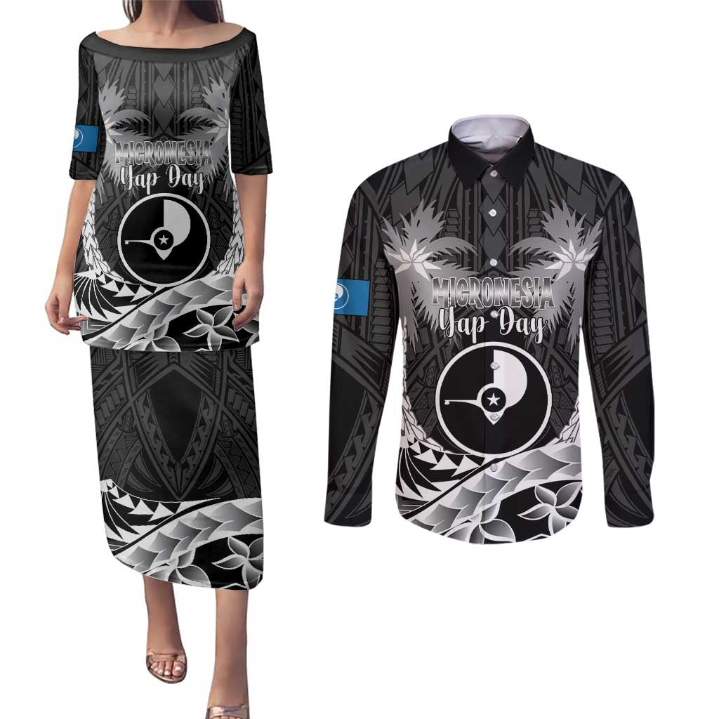 FSM Yap Day Couples Matching Puletasi and Long Sleeve Button Shirt 2025 Wa'ab Micronesia Black Color