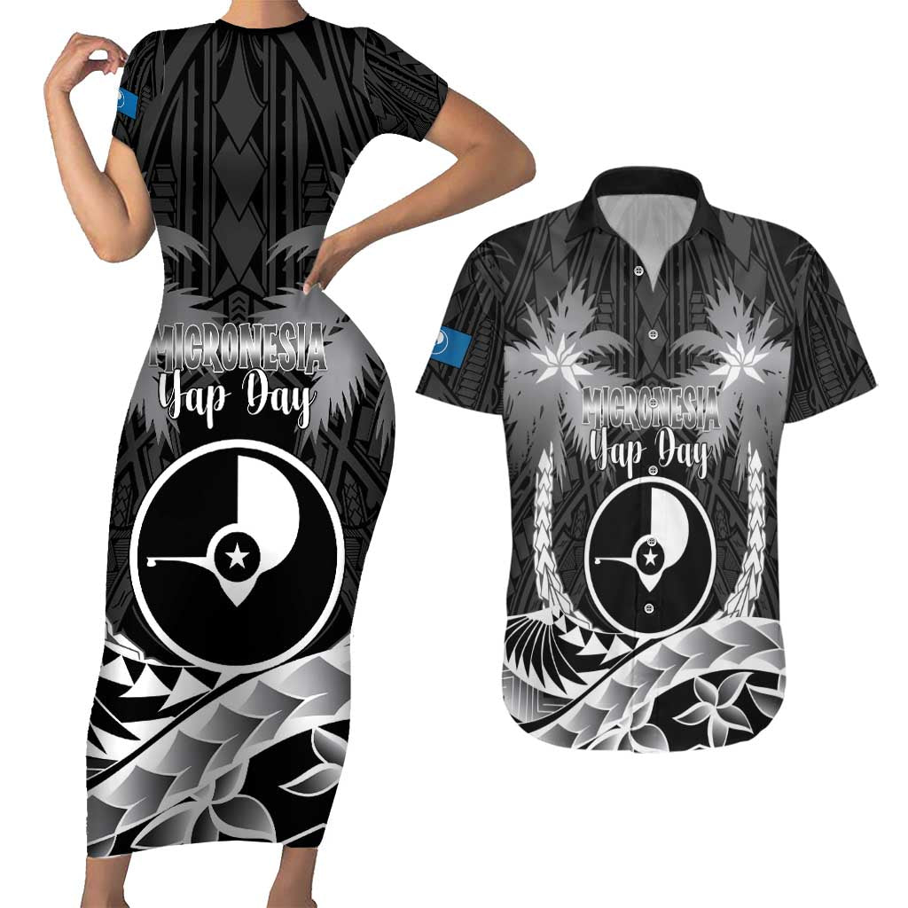 FSM Yap Day Couples Matching Short Sleeve Bodycon Dress and Hawaiian Shirt 2025 Wa'ab Micronesia Black Color
