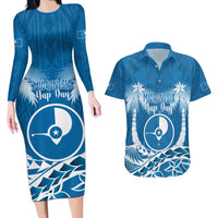 FSM Yap Day Couples Matching Long Sleeve Bodycon Dress and Hawaiian Shirt 2025 Wa'ab Micronesia Flag Color