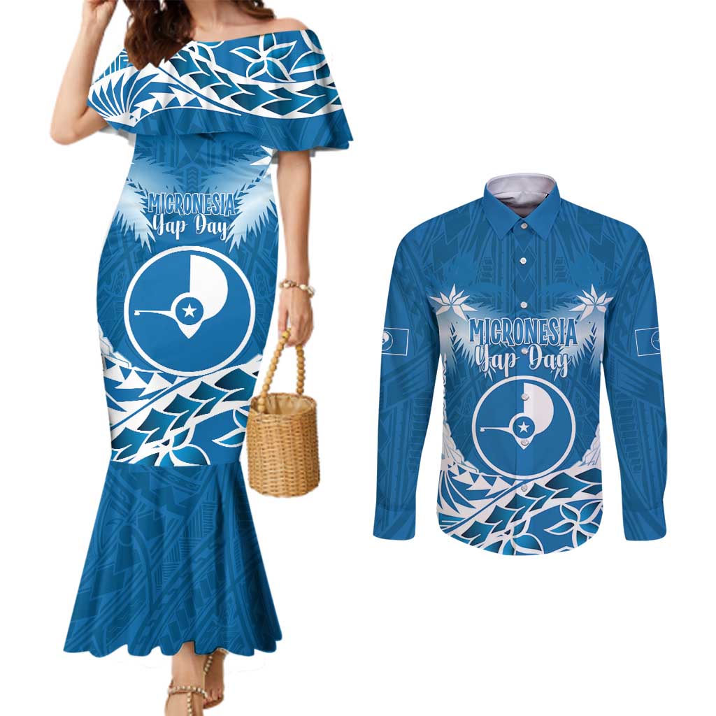 FSM Yap Day Couples Matching Mermaid Dress and Long Sleeve Button Shirt 2025 Wa'ab Micronesia Flag Color